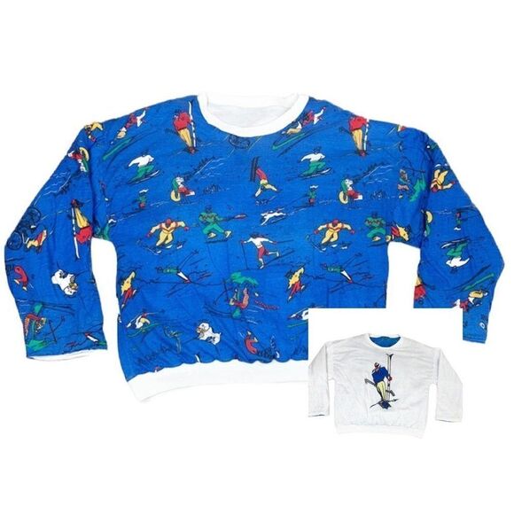 Vintage Reversible Sweatshirt Ski Snow Skiing Sports Cartoon ArtAll Over Print